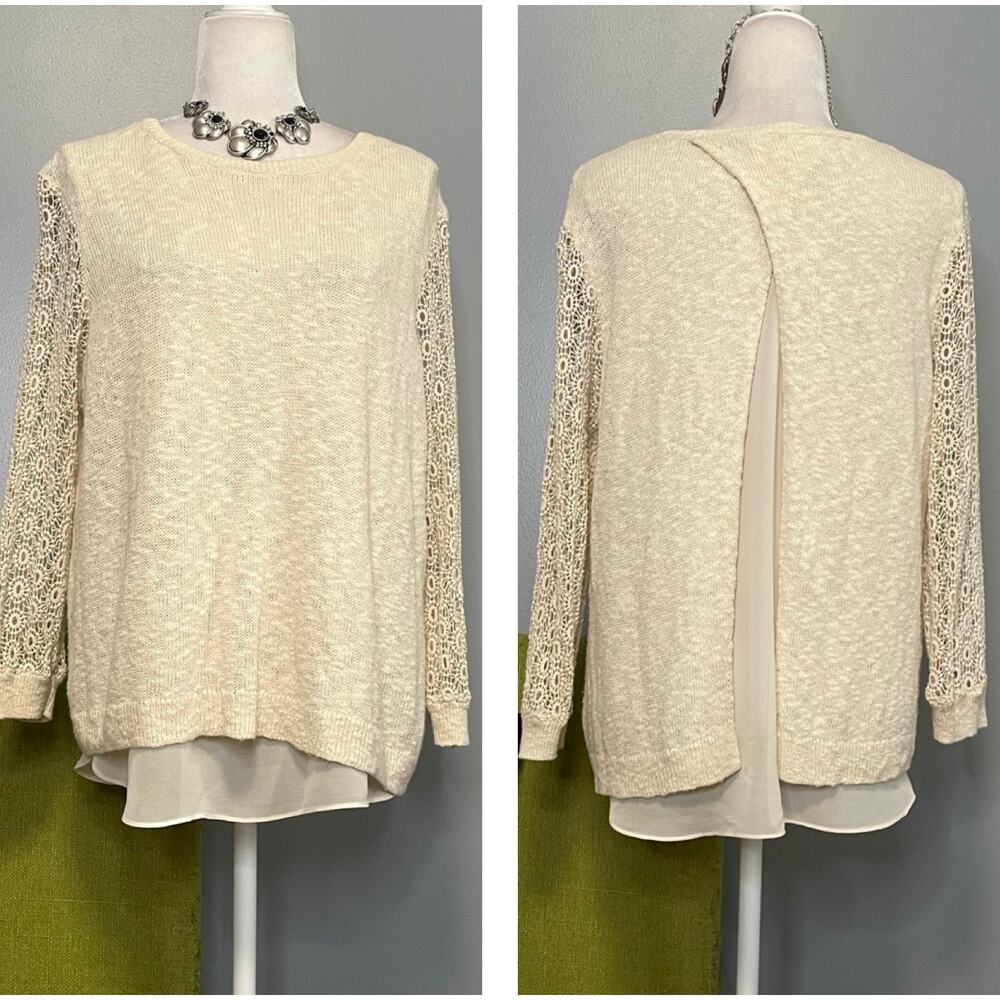 Lucky Brand Cream Lace Sleeve Split Back Pullover Sweater XL